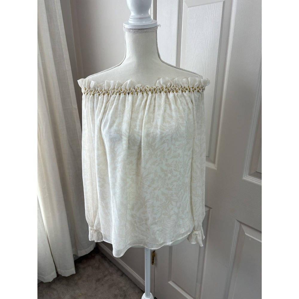 WHBM Beaded Ivory Floral Off the Shoulder Chiffon Blouse NWT $110